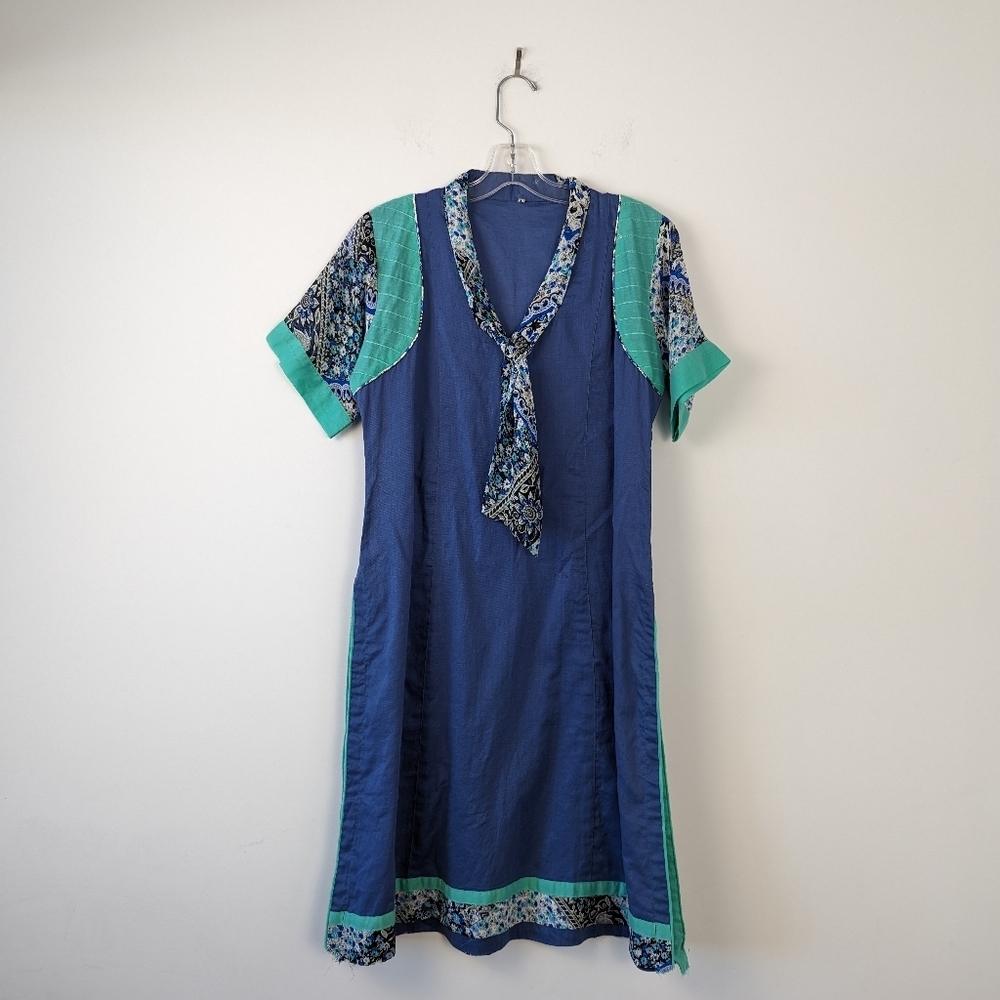 Women's Bohemian Cotton Tunic Dress with Paisley Print Trim - Size L